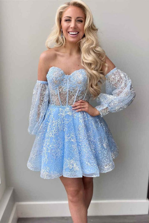 Luolandi A Line Sweetheart Strapless Homecoming Dress with Sleeves Off Shoulder Graduation Dress Beautiful Party Dress